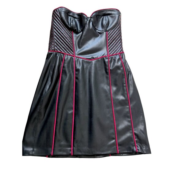 Zara Black Faux Leather Strapless Mini Dress With Pink Piping Size M New - Picture 2 of 9